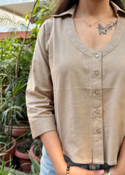 Light Brown Cotton Flex Button Down Shirt